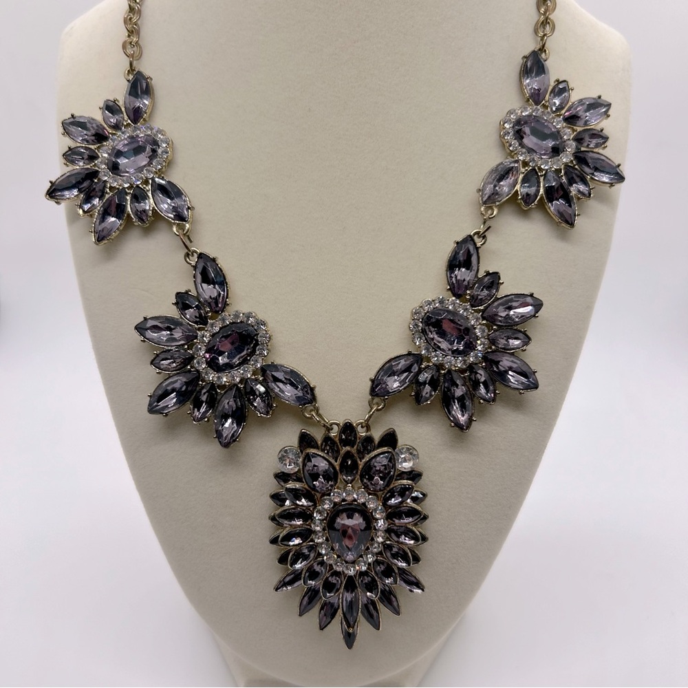 Grey and Gold Rhinestone Statement Necklace